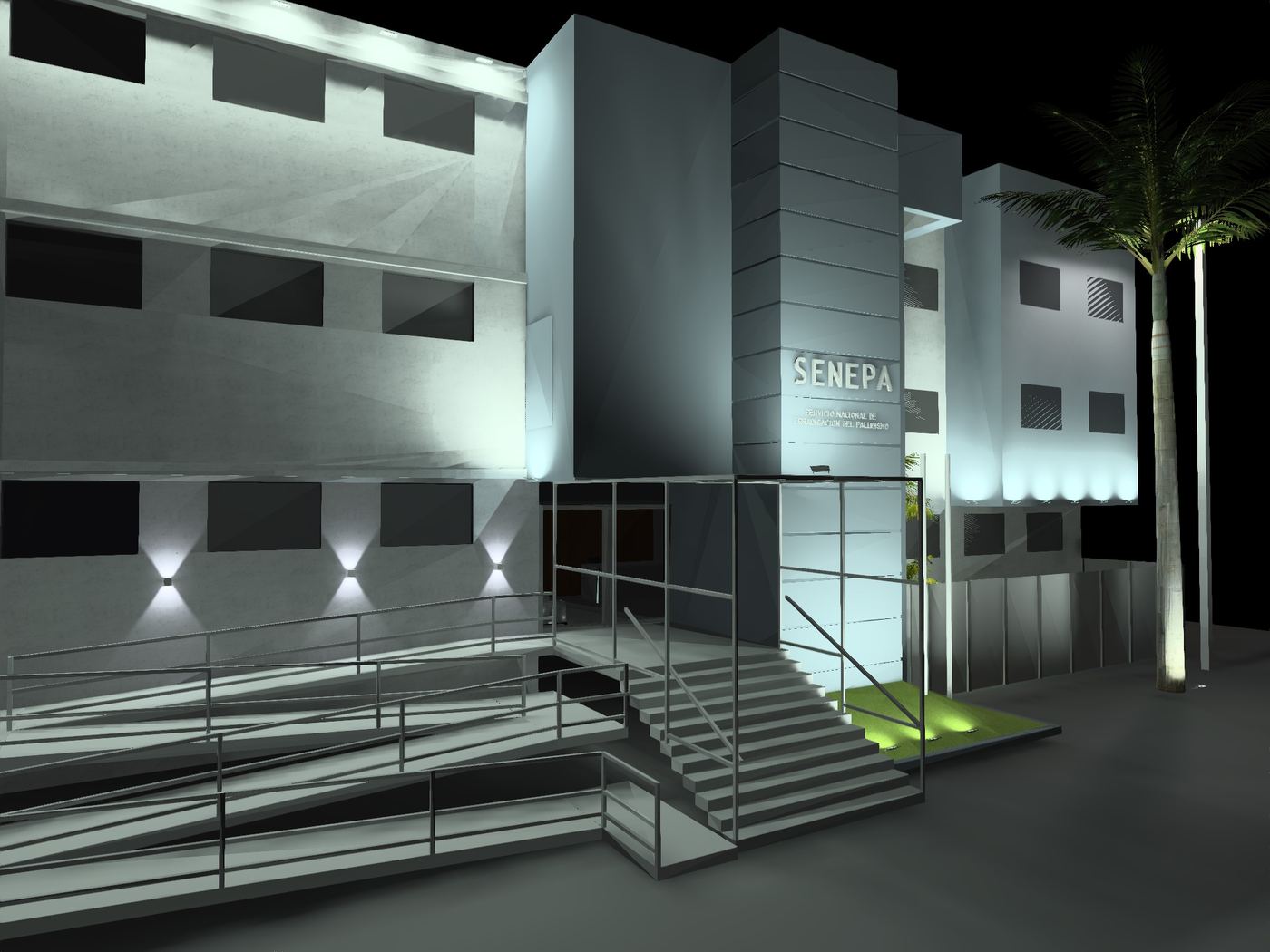 Render de estudio de iluminación exterior para la fachada de SENEPA